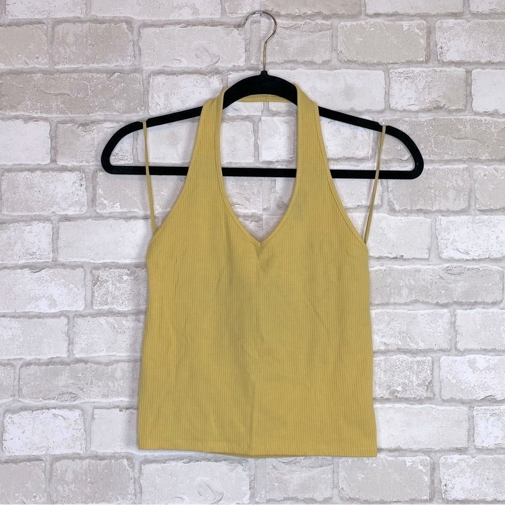 American Eagle Outfitters Yellow Ribbed Plunge Halter Tank Top Size M